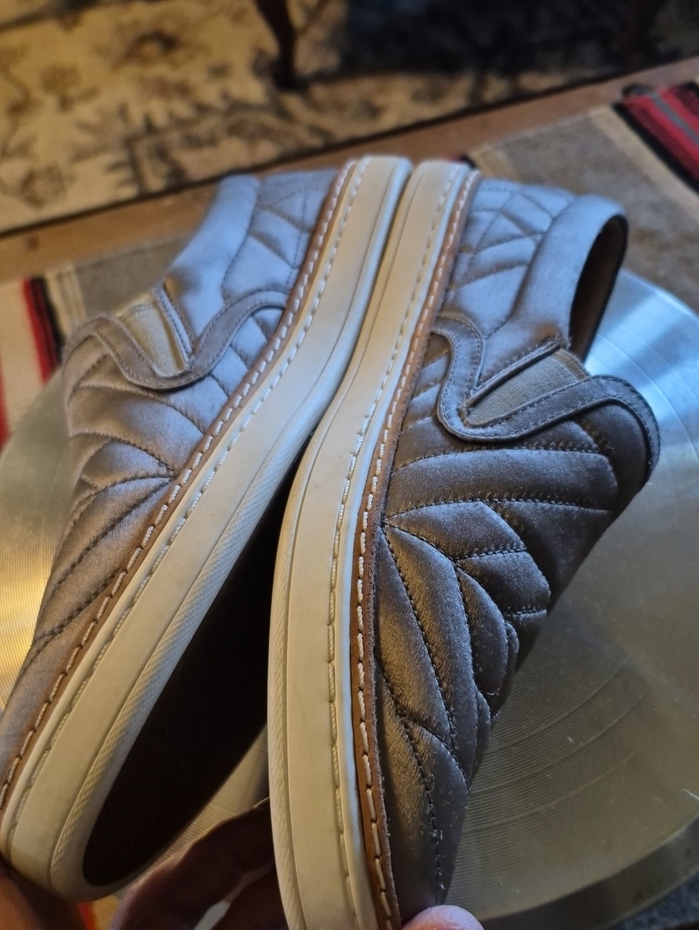 UGG "Soleda": Satin quilted slip-on sneakers. , Silver Grey color.EC(#1856S) - Picture 12 of 16